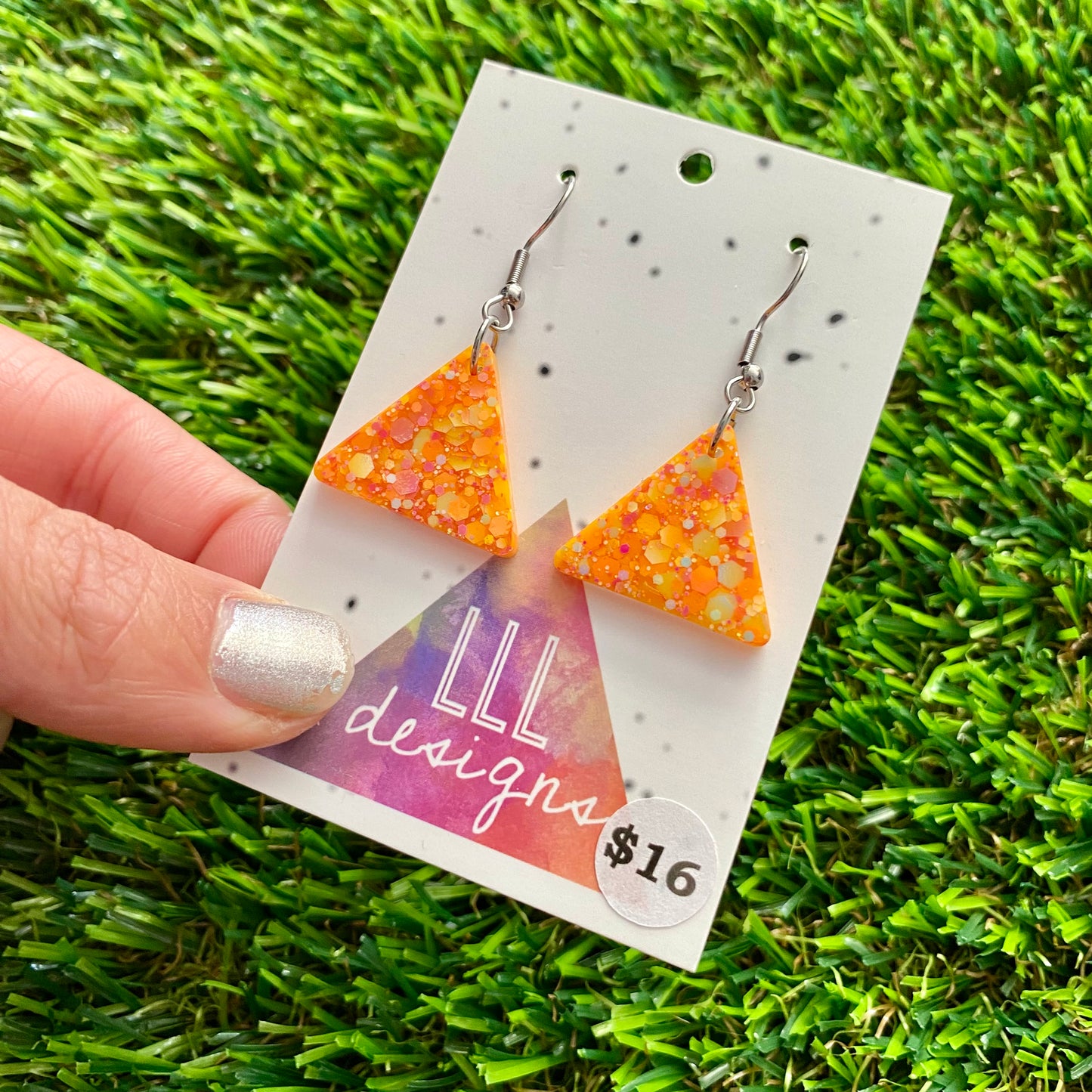 ON SALE!!!! Resin Earrings - Orange Multi Glitter Triangle Featuring a Hook Top!