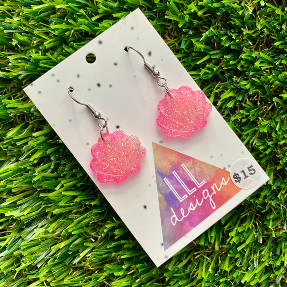 Resin Earrings - Pink Glitter Shell Dangles Featuring a Hook Top!