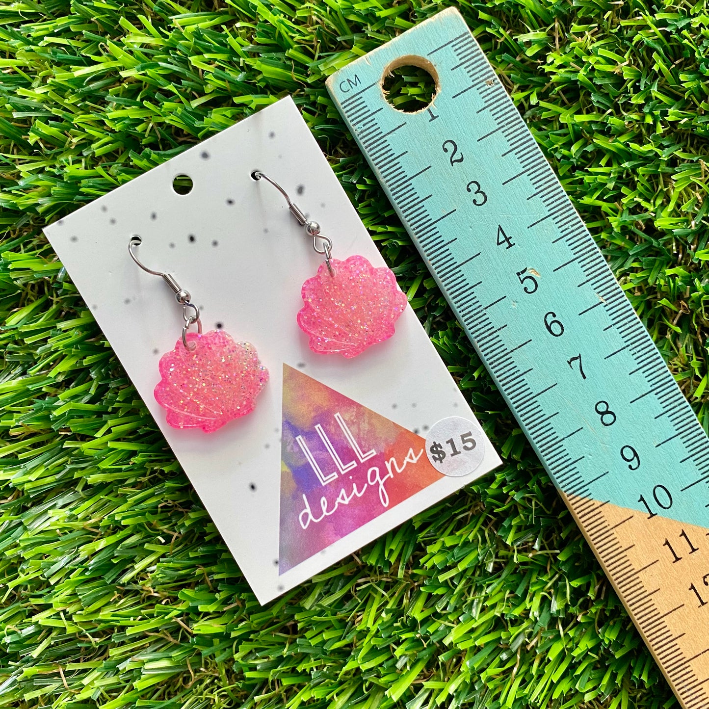 ON SALE!!!! Resin Earrings - Pink Glitter Shell Dangles Featuring a Hook Top!