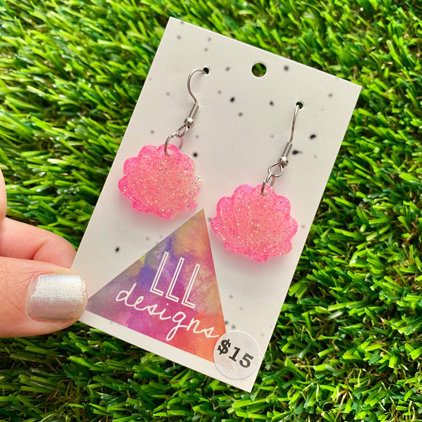 ON SALE!!!! Resin Earrings - Pink Glitter Shell Dangles Featuring a Hook Top!