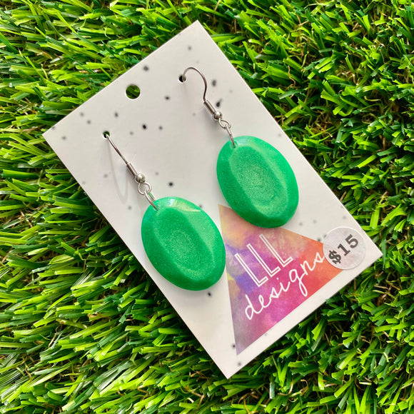 Resin Earrings - Green Gem Style Oval Dangles Featuring a Hook Top!
