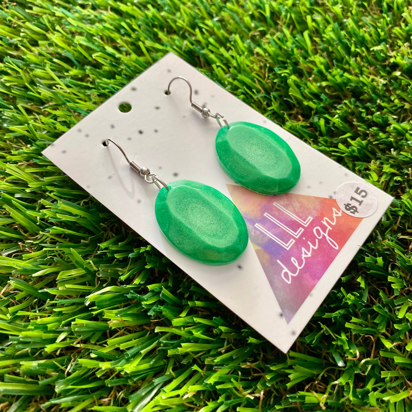 ON SALE!!!! Resin Earrings - Green Gem Style Oval Dangles Featuring a Hook Top!