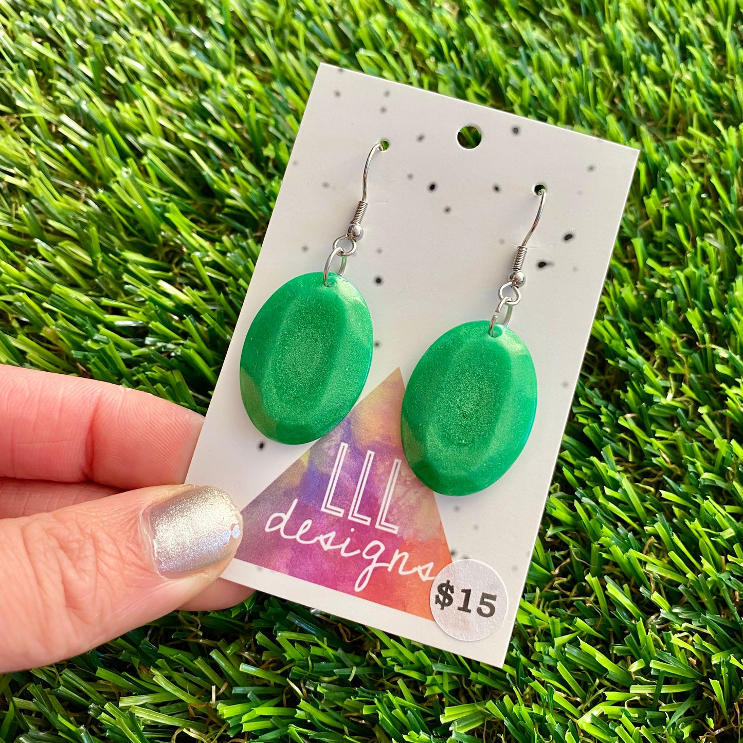 ON SALE!!!! Resin Earrings - Green Gem Style Oval Dangles Featuring a Hook Top!