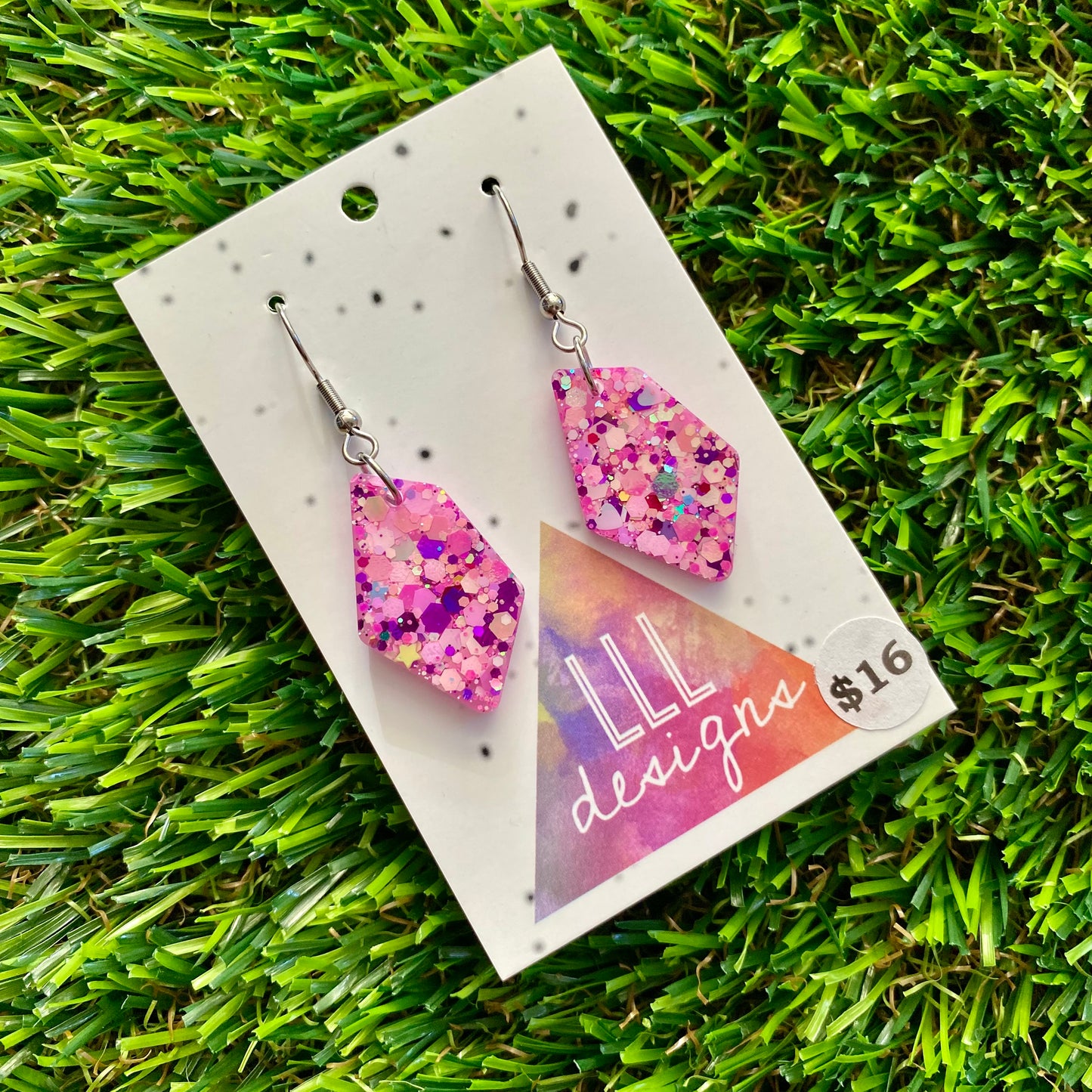 ON SALE!!!! Resin Earrings - Pink Multi Glitter Abstract Dangles Featuring a Hook Top!