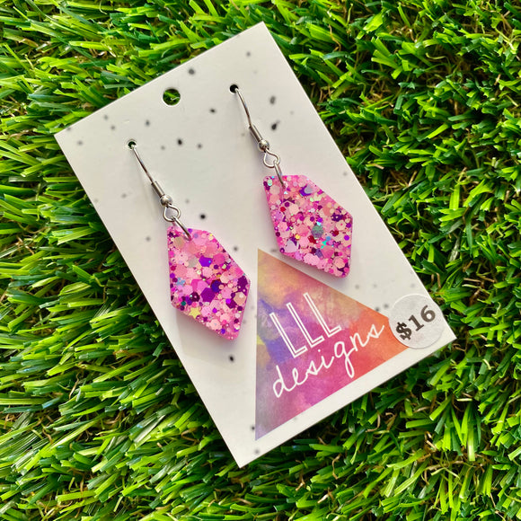 Resin Earrings - Pink Multi Glitter Abstract Dangles Featuring a Hook Top!