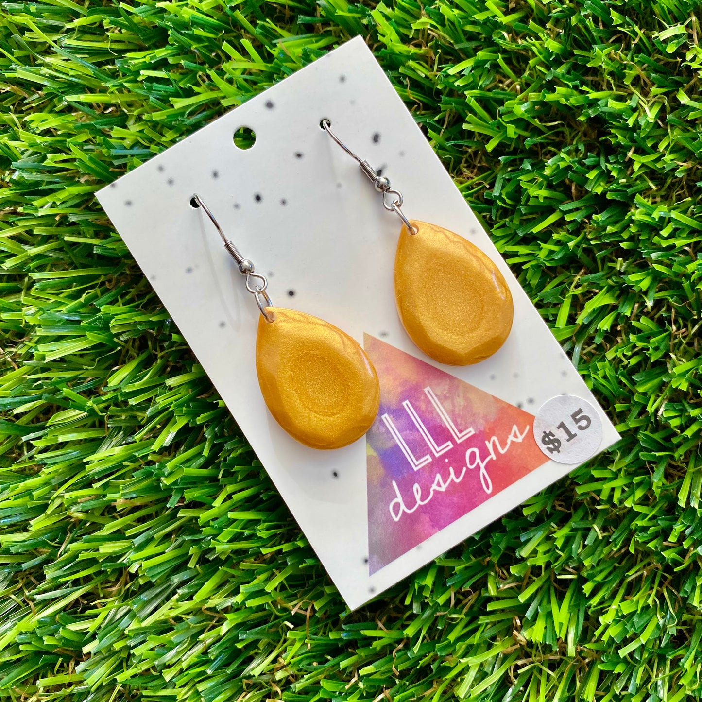 ON SALE!!!! Resin Earrings - Gold Gem Style Teardrop Dangles Featuring a Hook Top!