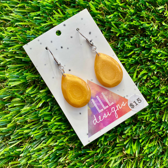 Resin Earrings - Gold Gem Style Teardrop Dangles Featuring a Hook Top!