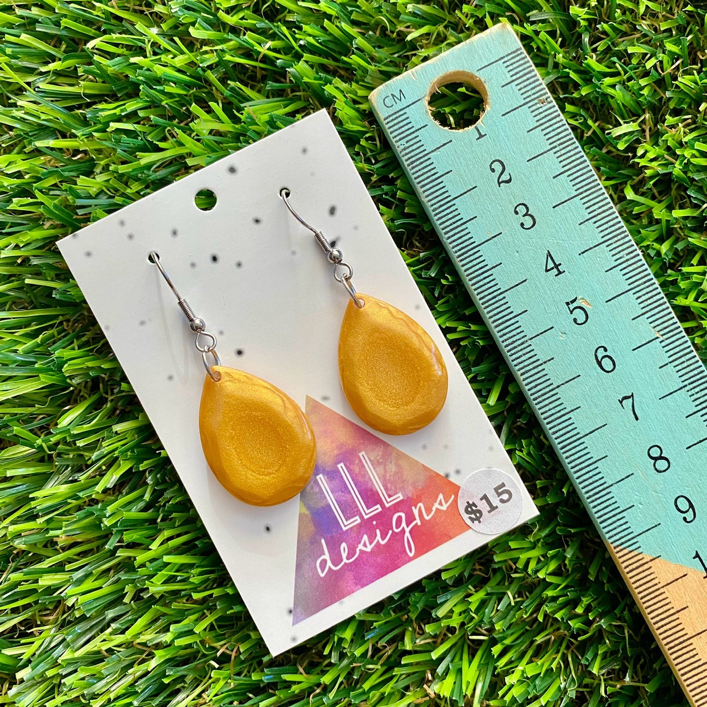 ON SALE!!!! Resin Earrings - Gold Gem Style Teardrop Dangles Featuring a Hook Top!