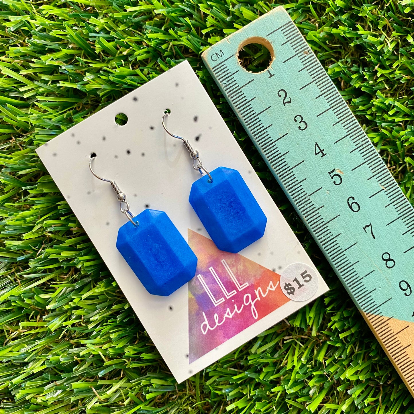 ON SALE!!!! Resin Earrings - Royal Blue Gem Style Rectangle Dangle Featuring a Hook Top!