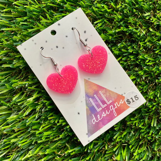 ON SALE!!!! Resin Earrings - Neon Pink Glitter Hearts Featuring a Hook Top!