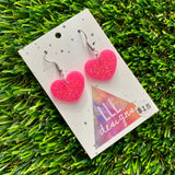 Resin Earrings - Neon Pink Glitter Hearts Featuring a Hook Top!