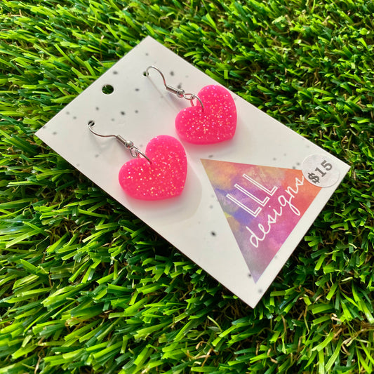 ON SALE!!!! Resin Earrings - Neon Pink Glitter Hearts Featuring a Hook Top!