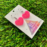 Resin Earrings - Neon Pink Glitter Hearts Featuring a Hook Top!