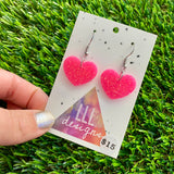 Resin Earrings - Neon Pink Glitter Hearts Featuring a Hook Top!