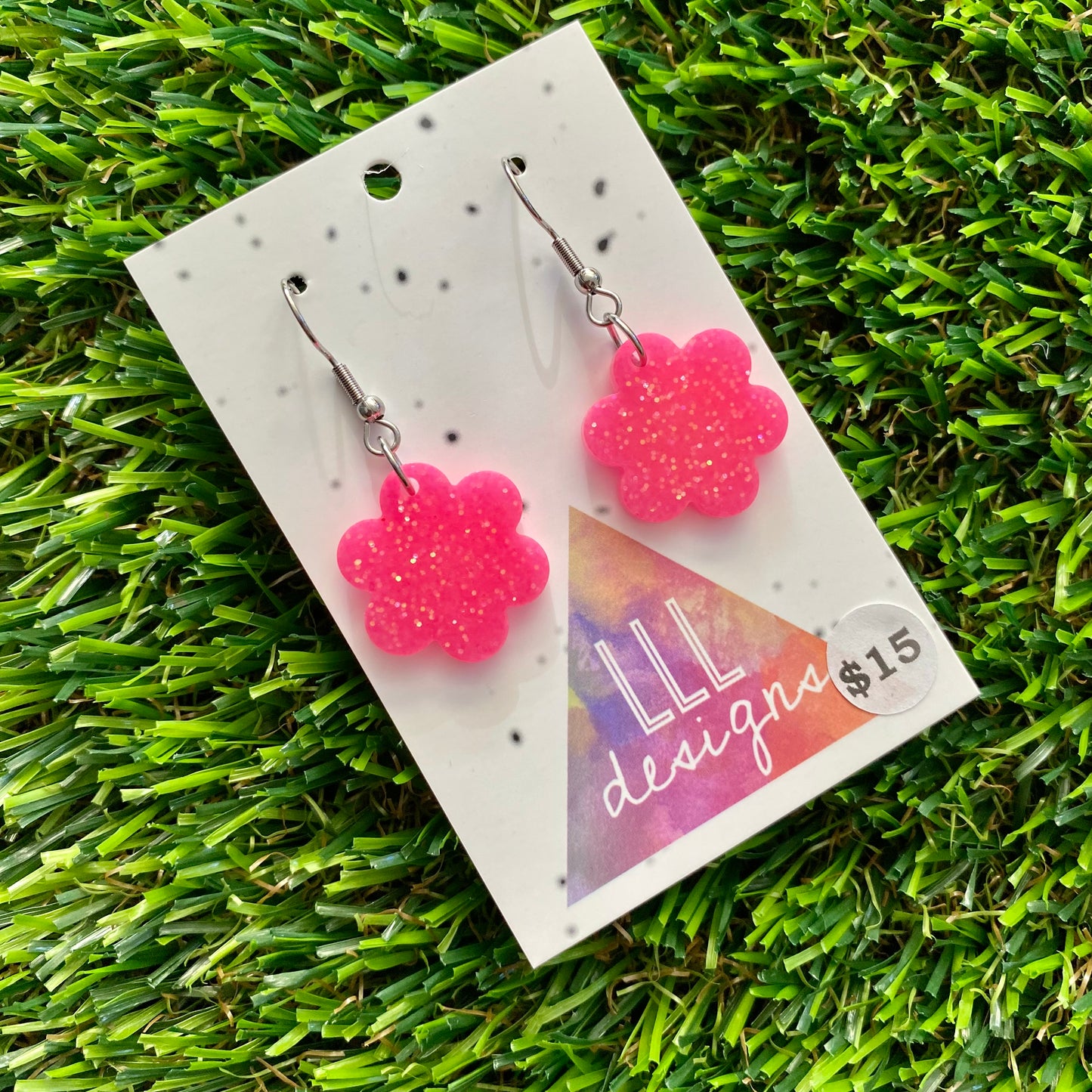 ON SALE!!!! Resin Earrings - Neon Pink Glitter Flowers Featuring a Hook Top!