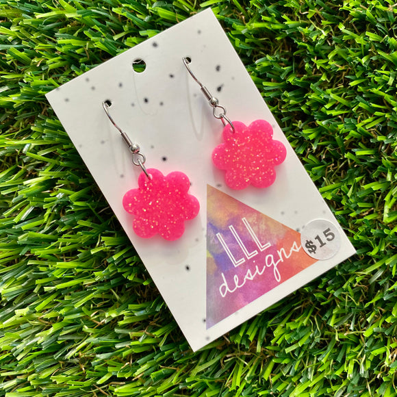 Resin Earrings - Neon Pink Glitter Flowers Featuring a Hook Top!