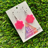 Resin Earrings - Neon Pink Glitter Flowers Featuring a Hook Top!
