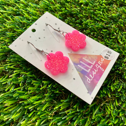 ON SALE!!!! Resin Earrings - Neon Pink Glitter Flowers Featuring a Hook Top!