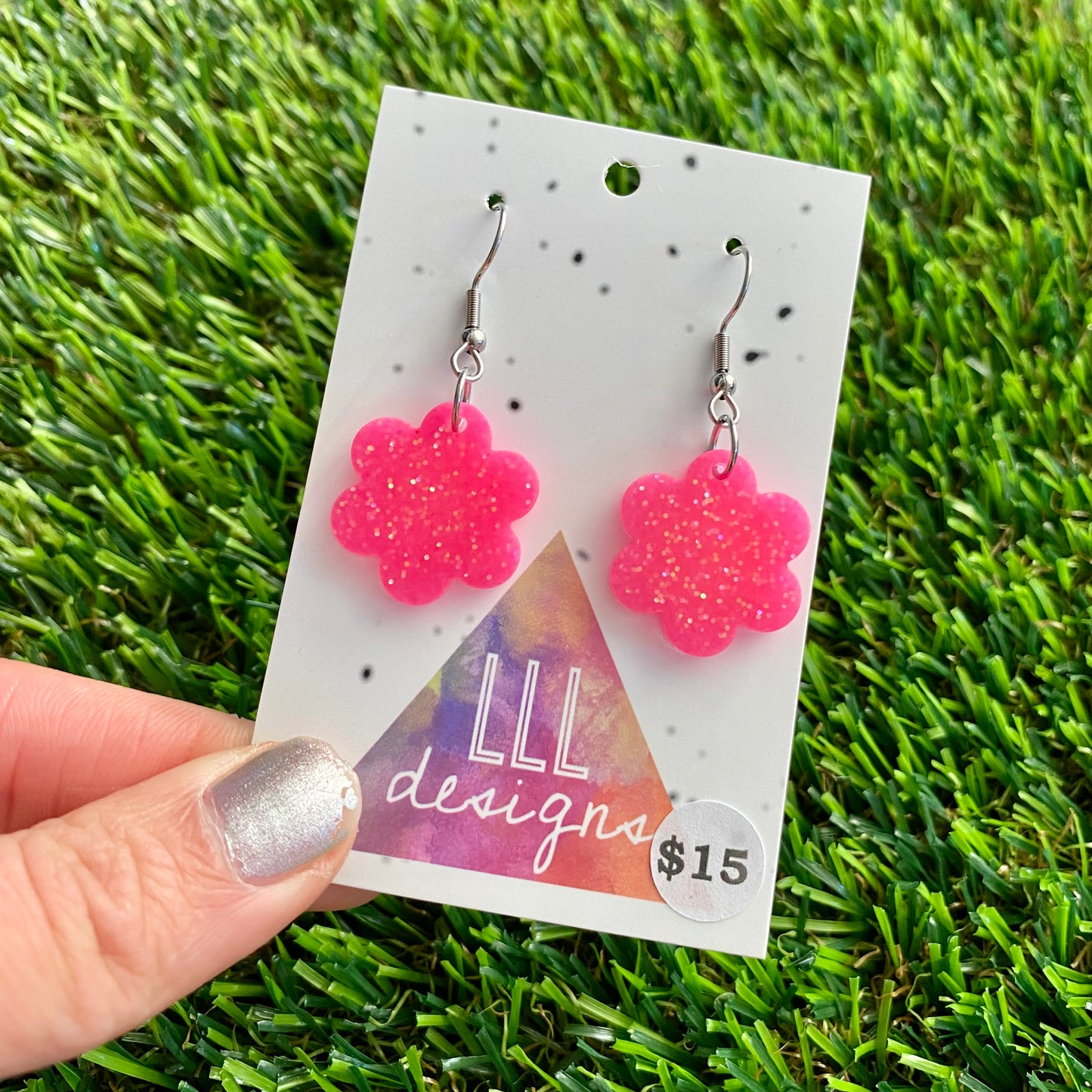 ON SALE!!!! Resin Earrings - Neon Pink Glitter Flowers Featuring a Hook Top!