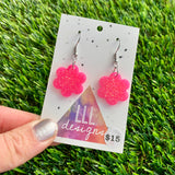 Resin Earrings - Neon Pink Glitter Flowers Featuring a Hook Top!