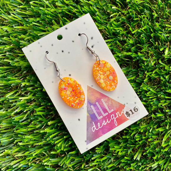 Resin Earrings - Orange Multi Glitter Oval Disk Featuring a Hook Top!