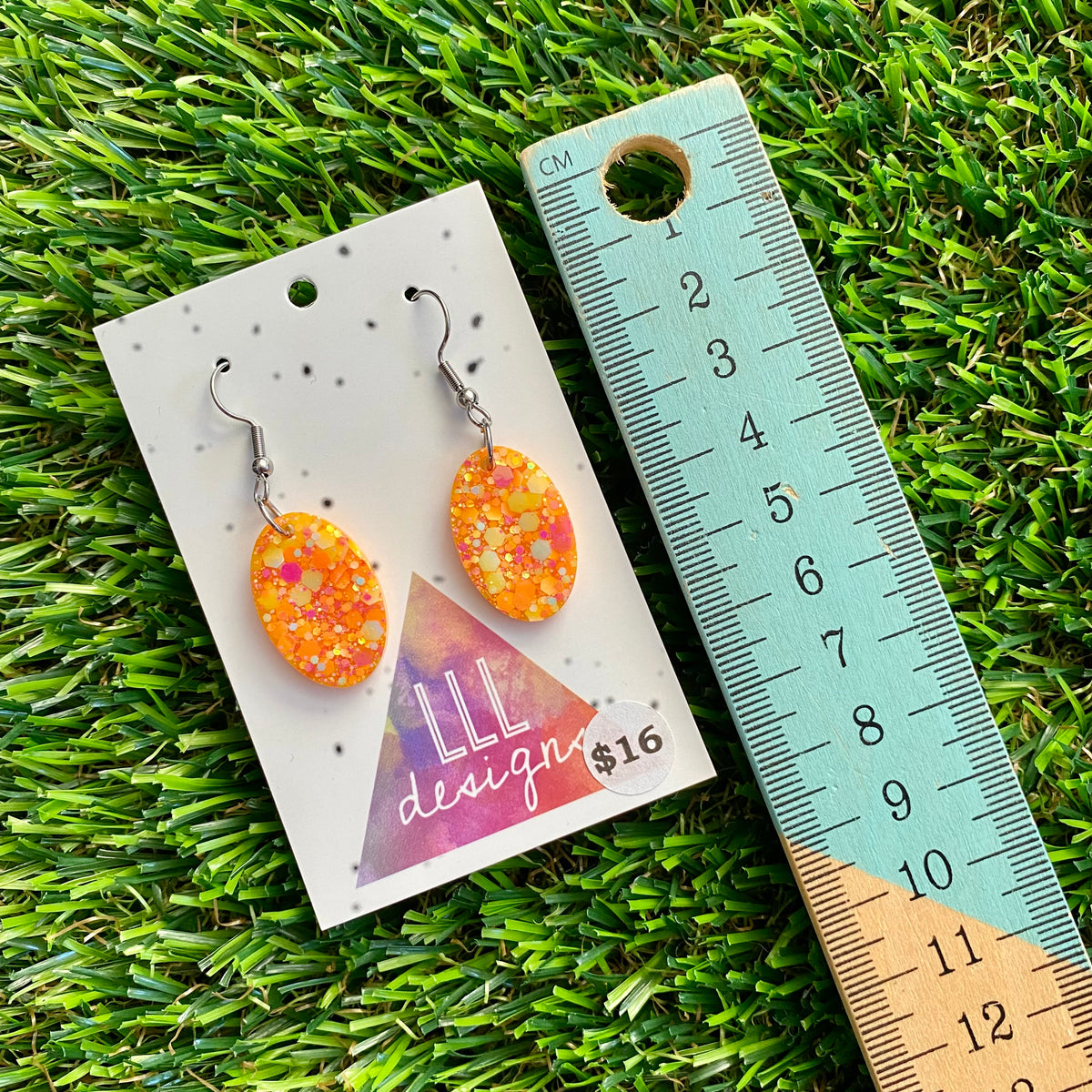 ON SALE!!!! Resin Earrings - Orange Multi Glitter Oval Disk Featuring a Hook Top!