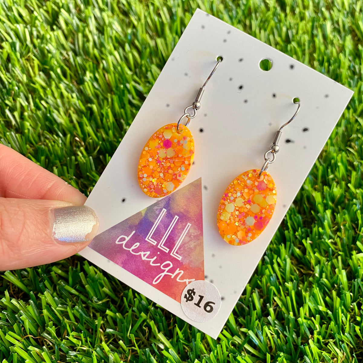 ON SALE!!!! Resin Earrings - Orange Multi Glitter Oval Disk Featuring a Hook Top!