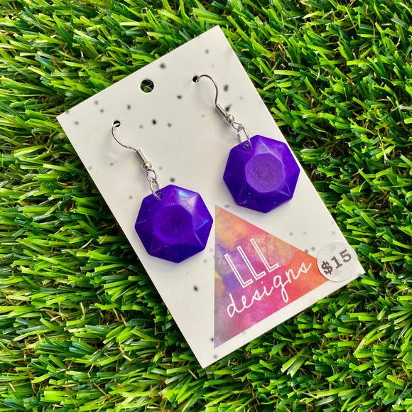 Resin Earrings - Royal Purple Gem Style Pentagon Featuring a Hook Top!
