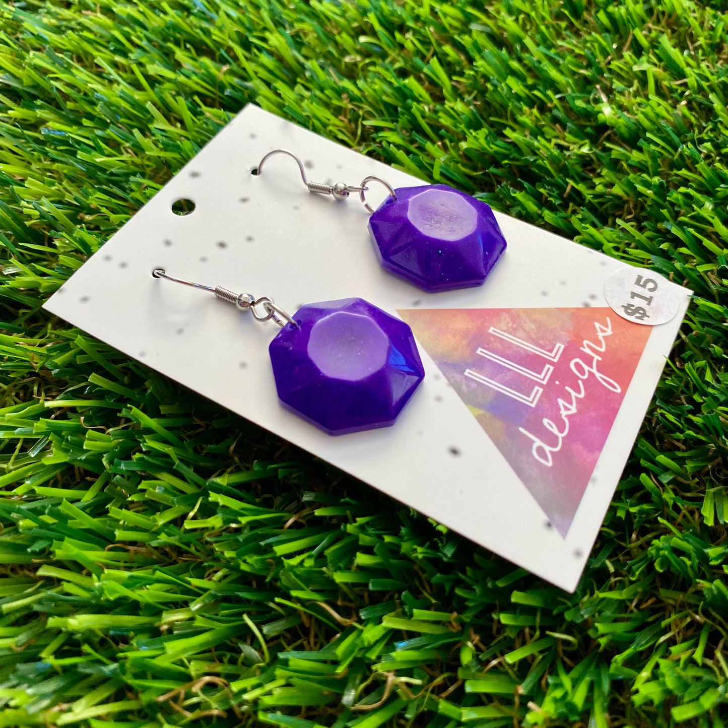 ON SALE!!!! Resin Earrings - Royal Purple Gem Style Pentagon Featuring a Hook Top!
