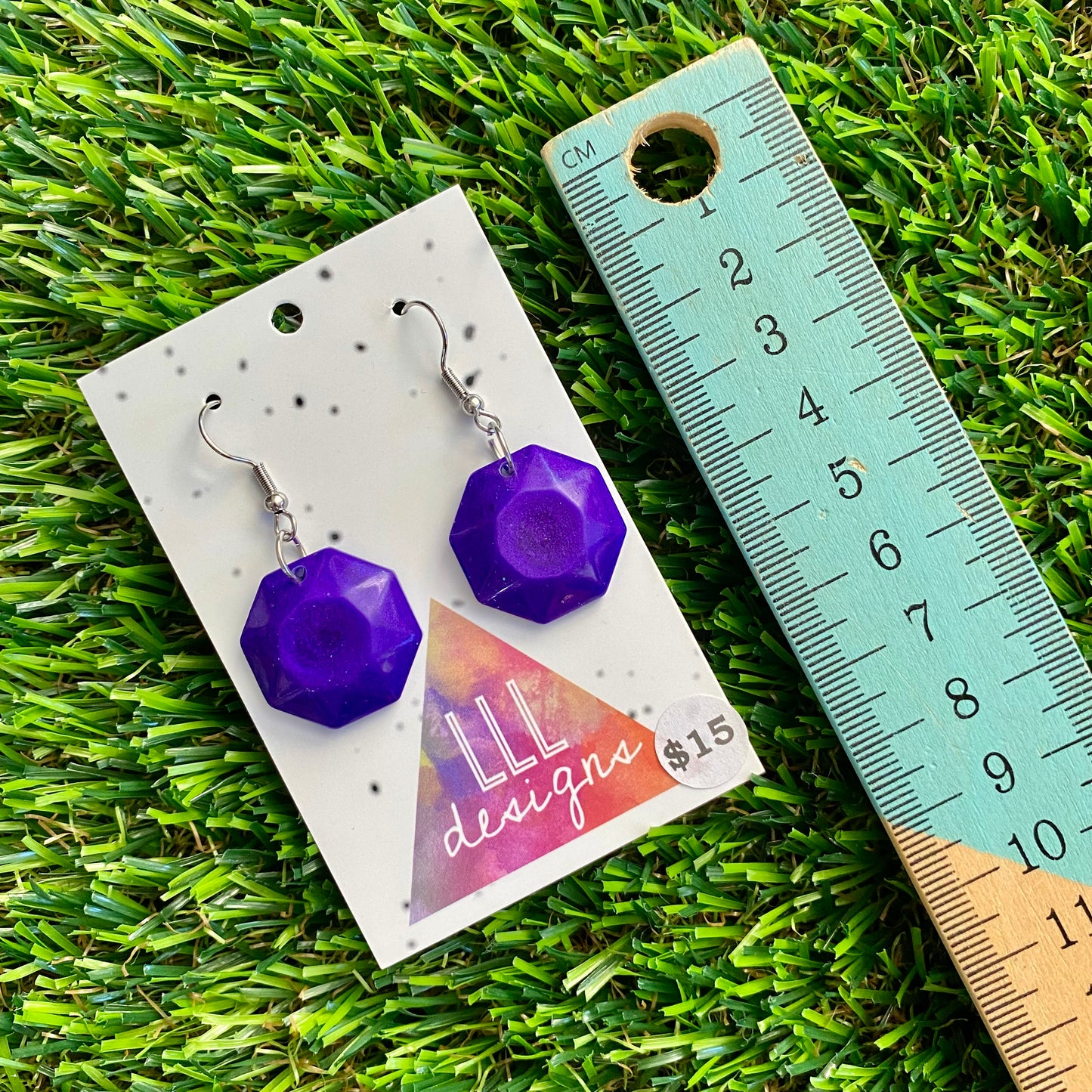 ON SALE!!!! Resin Earrings - Royal Purple Gem Style Pentagon Featuring a Hook Top!