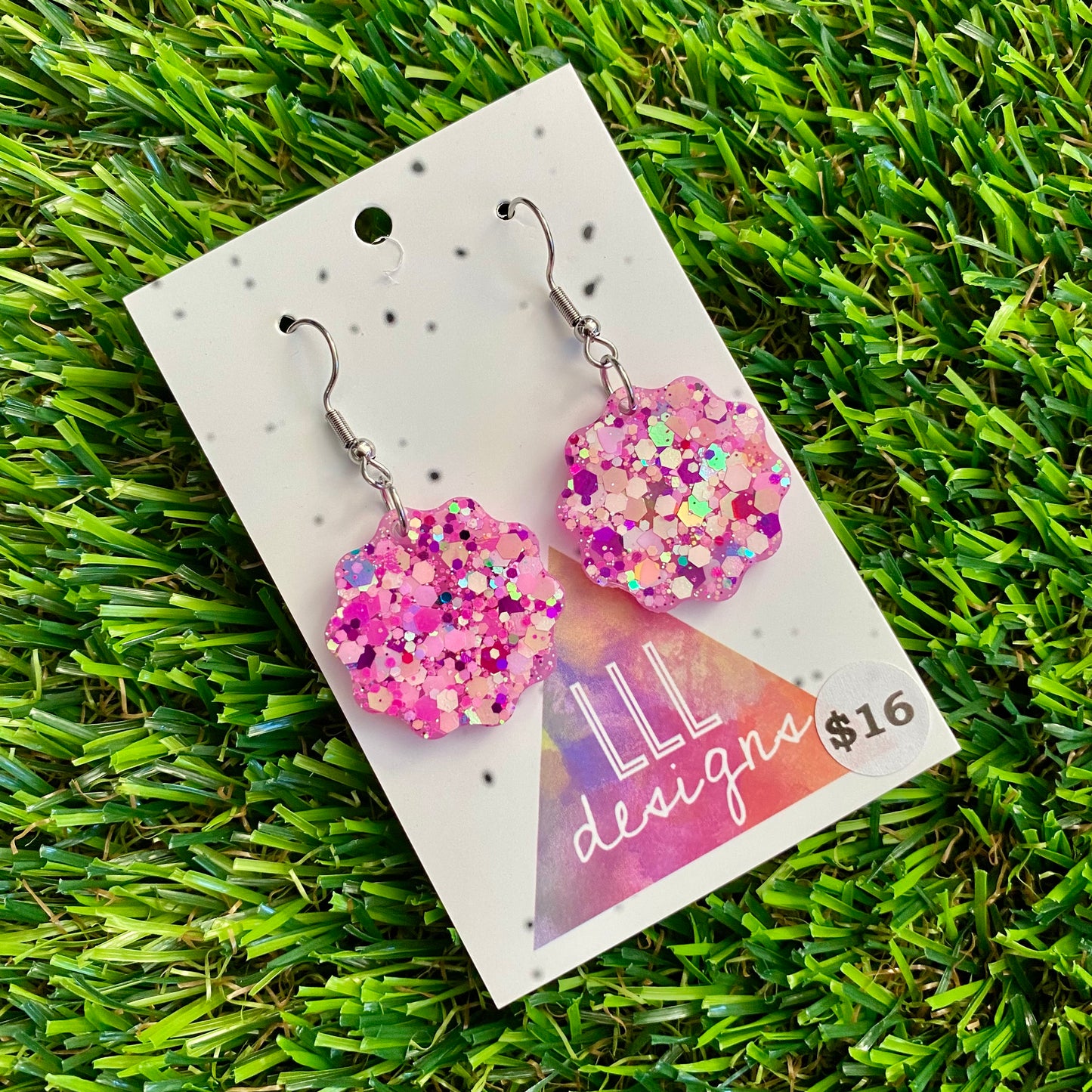 ON SALE!!!! Resin Earrings - Pink Multi Glitter Wavy Circle Featuring a Hook Top!