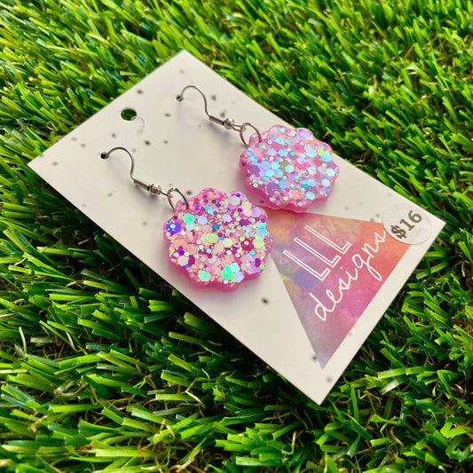 ON SALE!!!! Resin Earrings - Pink Multi Glitter Wavy Circle Featuring a Hook Top!