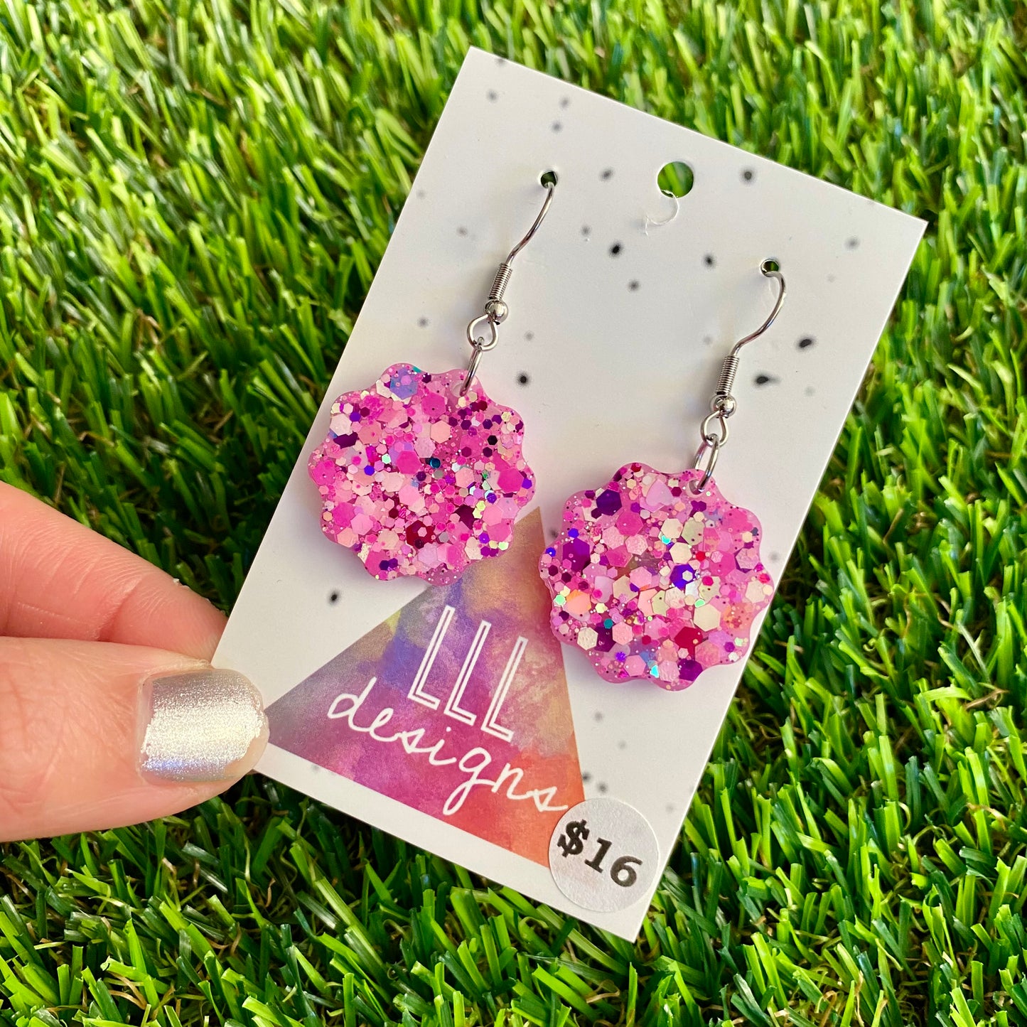 ON SALE!!!! Resin Earrings - Pink Multi Glitter Wavy Circle Featuring a Hook Top!
