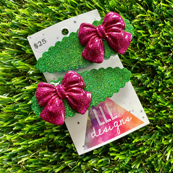 Handmade Resin Hair Clip - Glitter Green Scalloped Hair Clip Pair Featuring a Mega Glitter Pink Bow!
