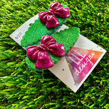 Handmade Resin Hair Clip - Glitter Green Scalloped Hair Clip Pair Featuring a Mega Glitter Pink Bow!