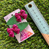 Handmade Resin Hair Clip - Glitter Green Scalloped Hair Clip Pair Featuring a Mega Glitter Pink Bow!