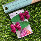 Handmade Resin Hair Clip - Glitter Green Scalloped Hair Clip Pair Featuring a Mega Glitter Pink Bow!