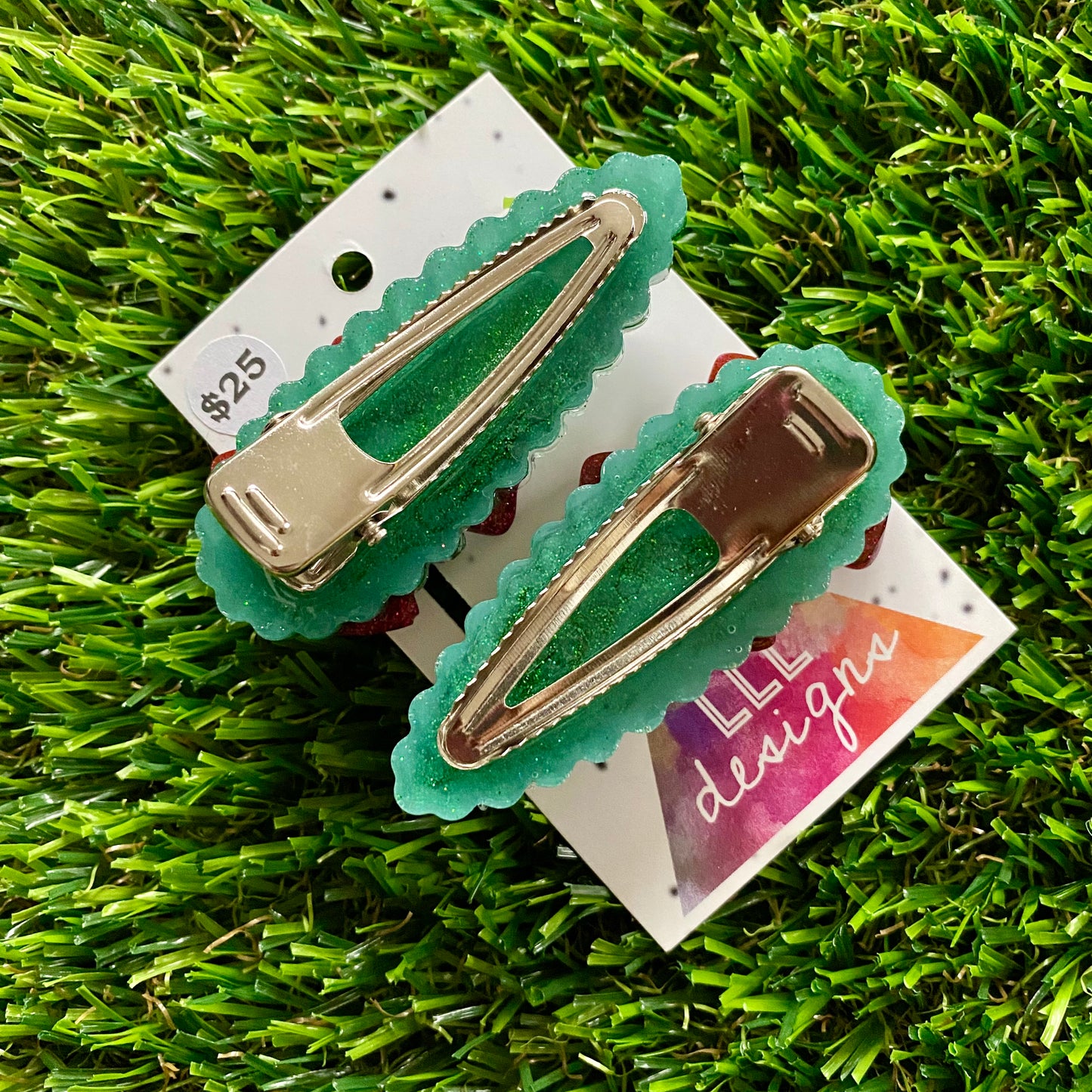Handmade Resin Hair Clip - Glitter Green Scalloped Hair Clip Pair Featuring a Mega Glitter Pink Bow!