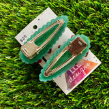 Handmade Resin Hair Clip - Glitter Green Scalloped Hair Clip Pair Featuring a Mega Glitter Pink Bow!