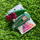 Handmade Resin Hair Clip - Glitter Green Scalloped Hair Clip Pair Featuring a Mega Glitter Pink Bow!