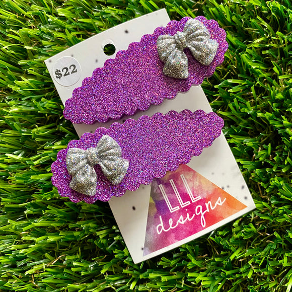 Handmade Resin Hair Clip - Purple Glitter Scalloped Hair Clip Pair Featuring a Small Glitter Silver Bow!