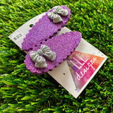 Handmade Resin Hair Clip - Purple Glitter Scalloped Hair Clip Pair Featuring a Small Glitter Silver Bow!