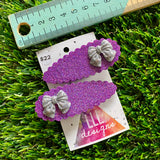 Handmade Resin Hair Clip - Purple Glitter Scalloped Hair Clip Pair Featuring a Small Glitter Silver Bow!