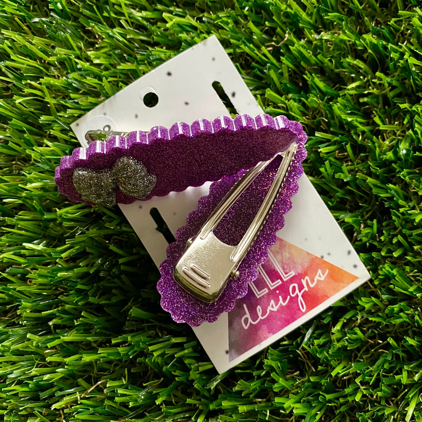 Handmade Resin Hair Clip - Purple Glitter Scalloped Hair Clip Pair Featuring a Small Glitter Silver Bow!