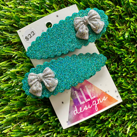 Handmade Resin Hair Clip - Teal Glitter Scalloped Hair Clip Pair Featuring a Small Glitter Silver Bow!