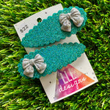 Handmade Resin Hair Clip - Teal Glitter Scalloped Hair Clip Pair Featuring a Small Glitter Silver Bow!