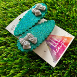 Handmade Resin Hair Clip - Teal Glitter Scalloped Hair Clip Pair Featuring a Small Glitter Silver Bow!