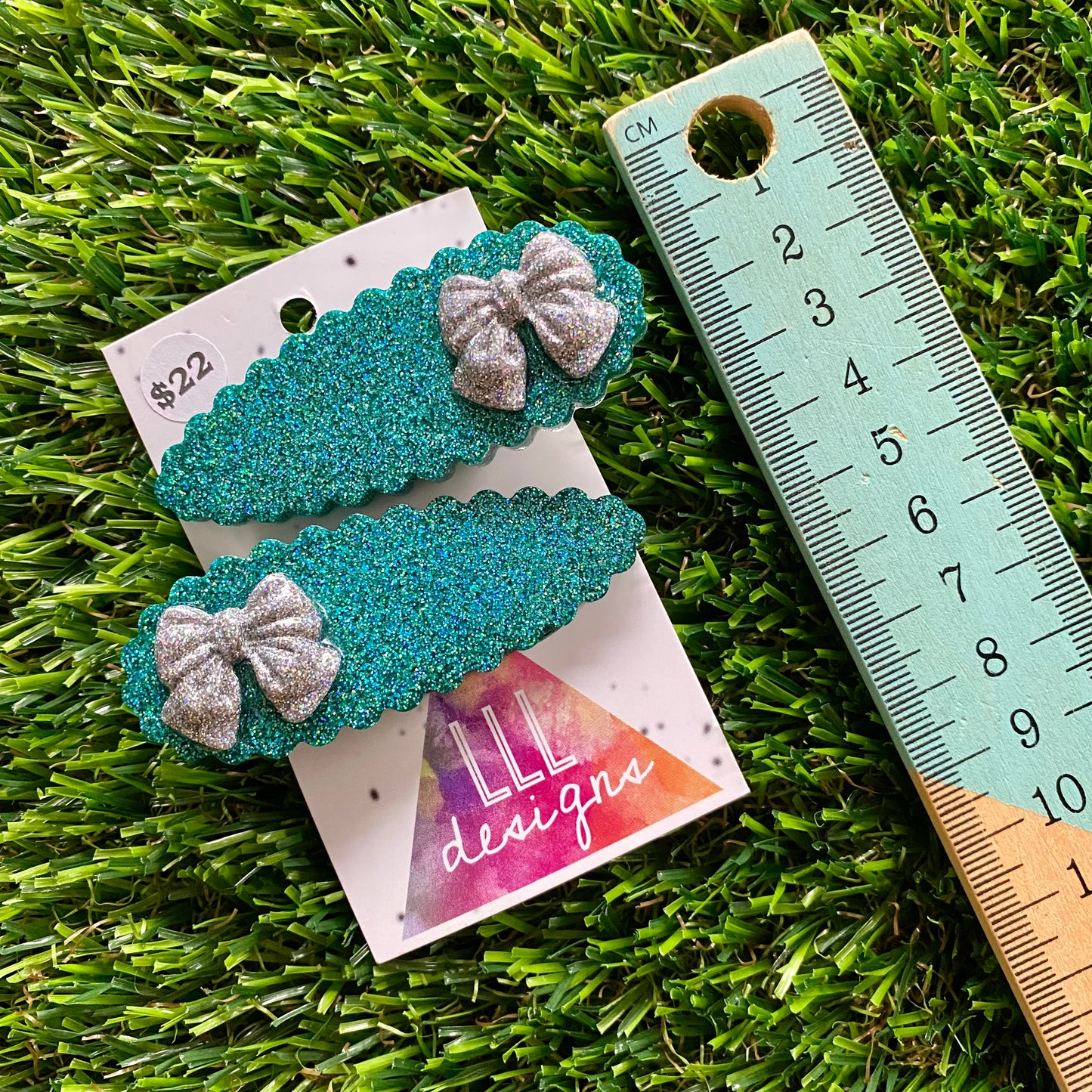 Handmade Resin Hair Clip - Teal Glitter Scalloped Hair Clip Pair Featuring a Small Glitter Silver Bow!