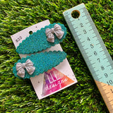 Handmade Resin Hair Clip - Teal Glitter Scalloped Hair Clip Pair Featuring a Small Glitter Silver Bow!