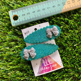Handmade Resin Hair Clip - Teal Glitter Scalloped Hair Clip Pair Featuring a Small Glitter Silver Bow!